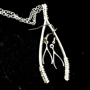Wish Bone Long Necklace Crystal 20"